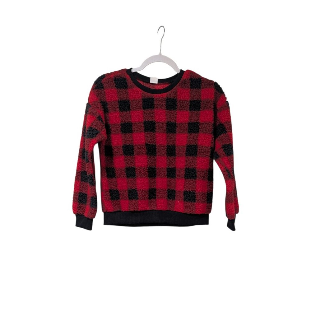 Evsie Youth Girl Red & Black Buffalo Plaid Fuzzy Cozy Pullover Sweater Sz 9